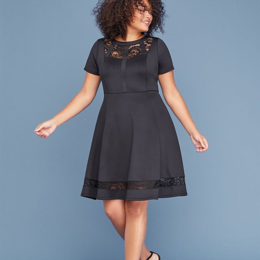 SCUBA FIT & FLARE DRESS WITH LACE Lane Bryant